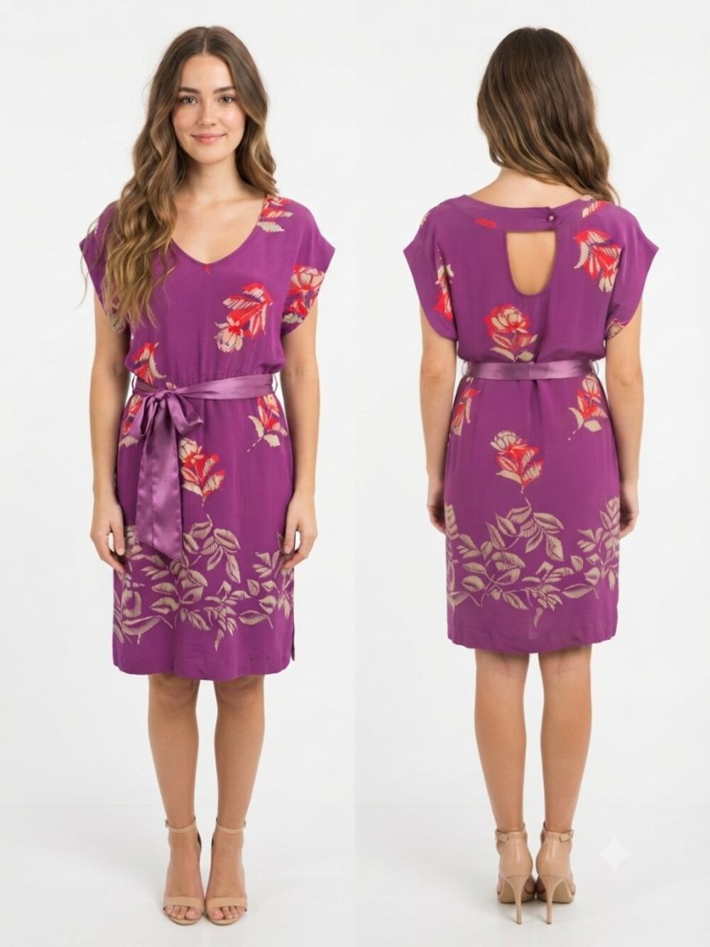 Moulinette Soeurs 100% Silk Floral Maxi Dress Size 4 Purple Rose Print Belted